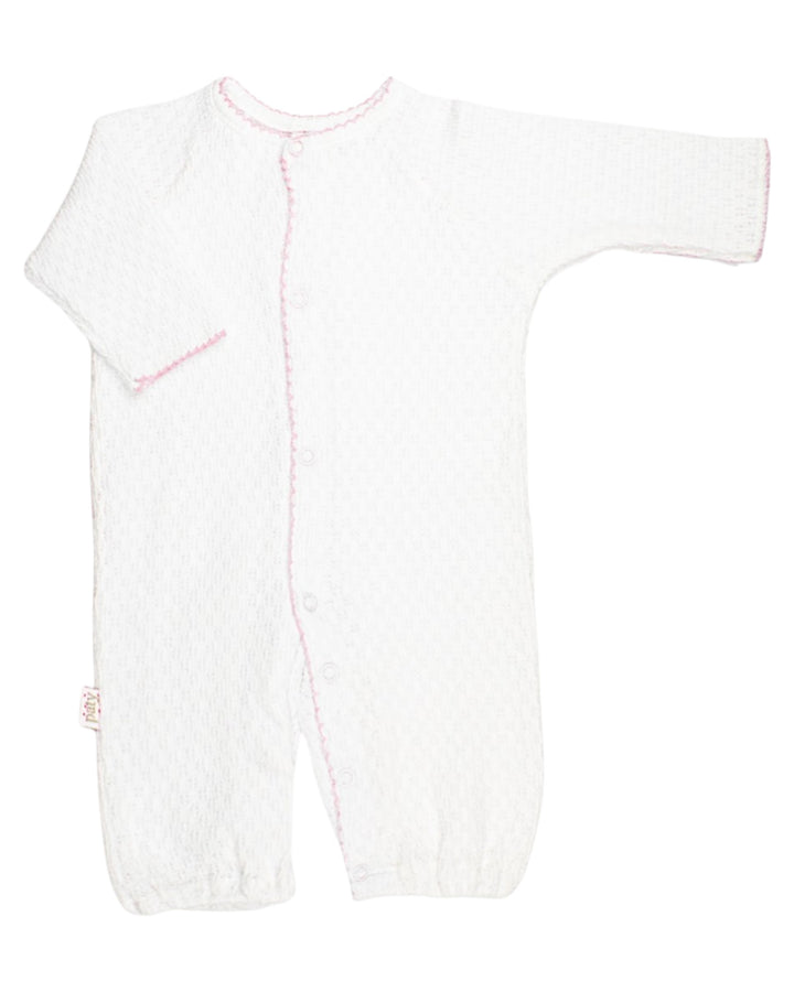 White baby onesie with pink accents on a white background