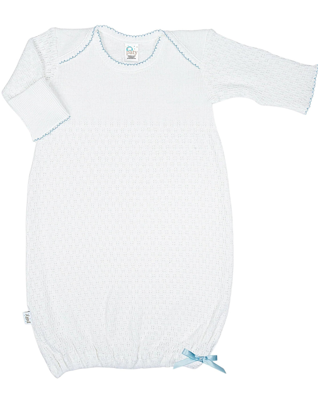 White baby gown with blue trim on a white background