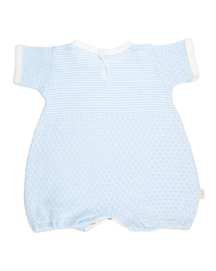 Light blue baby romper with white trim on a white background