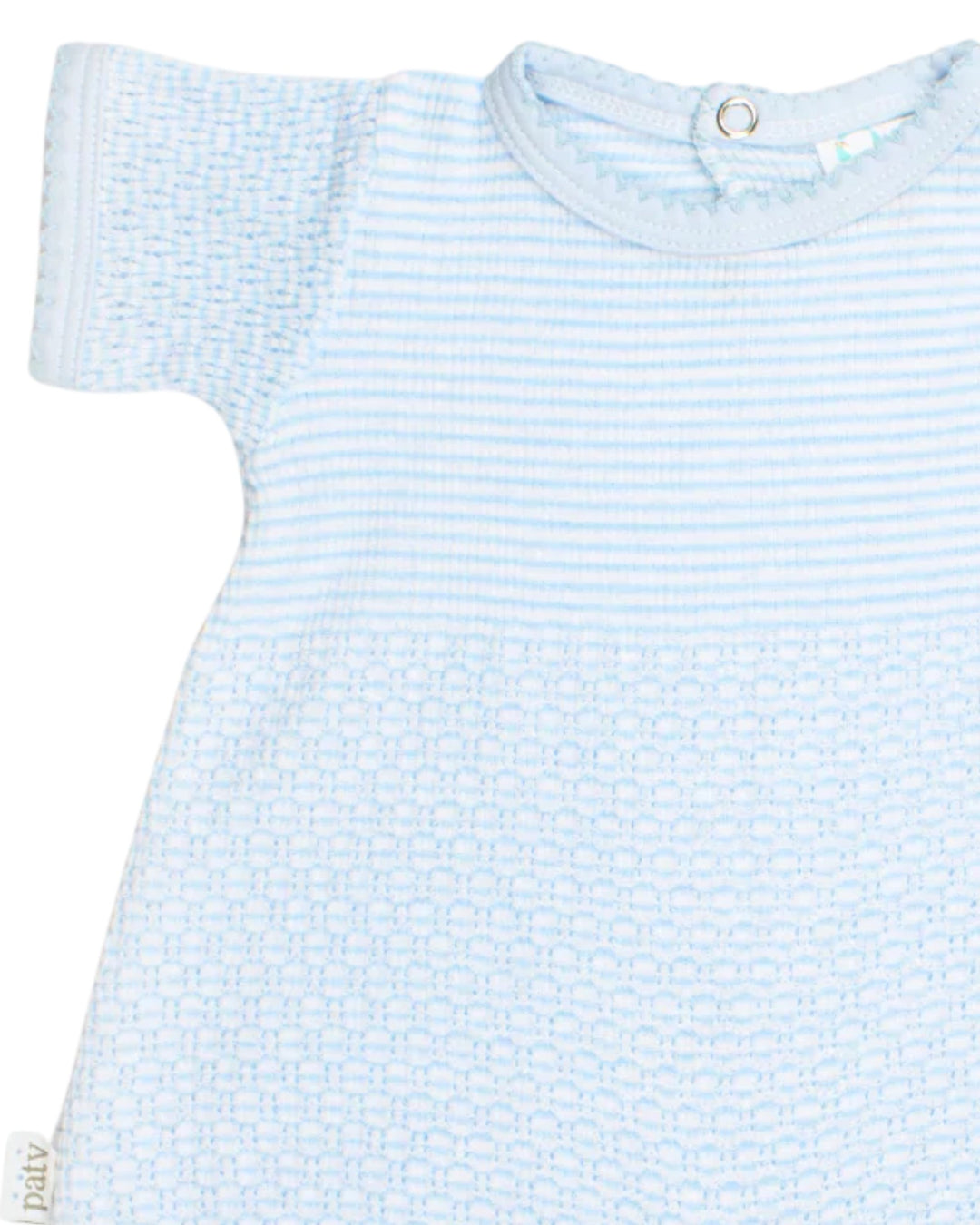 Light blue baby dress with white stripes on a white background