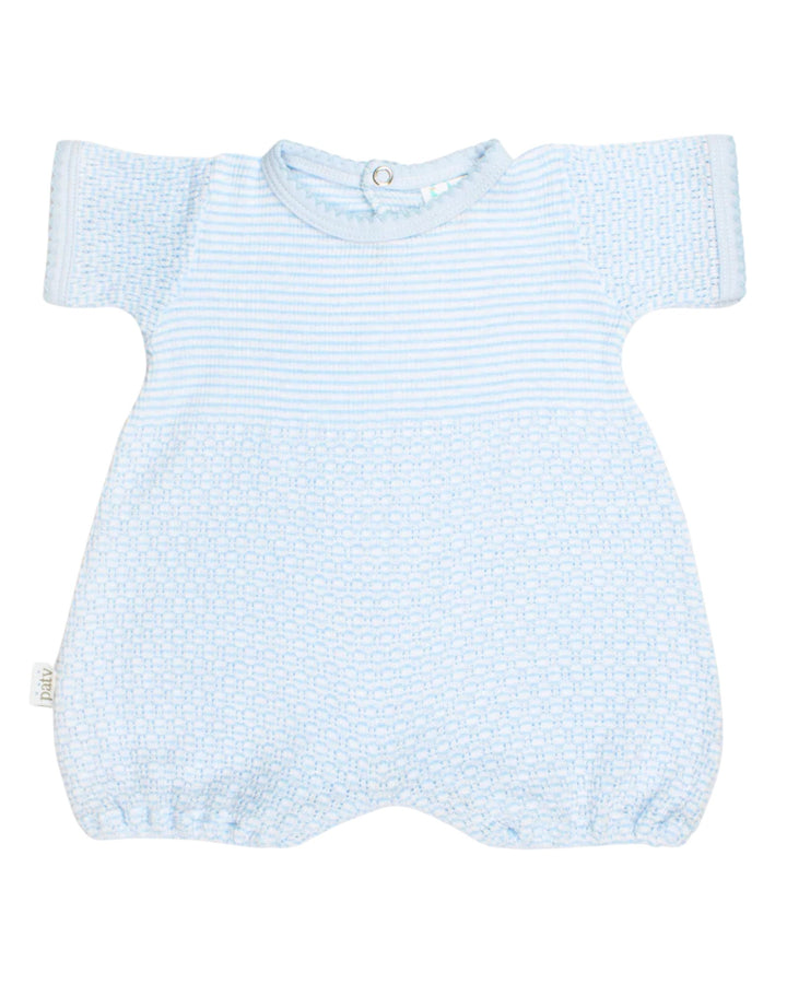 Light blue baby romper with short sleeves on a white background