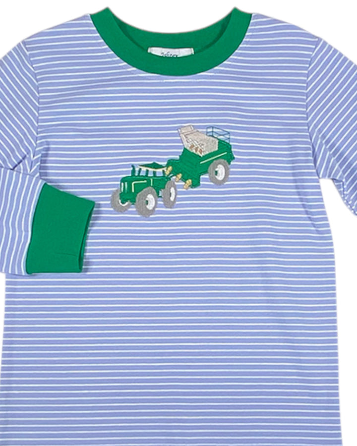 Blue and white striped shirt with a green truck design on a white background