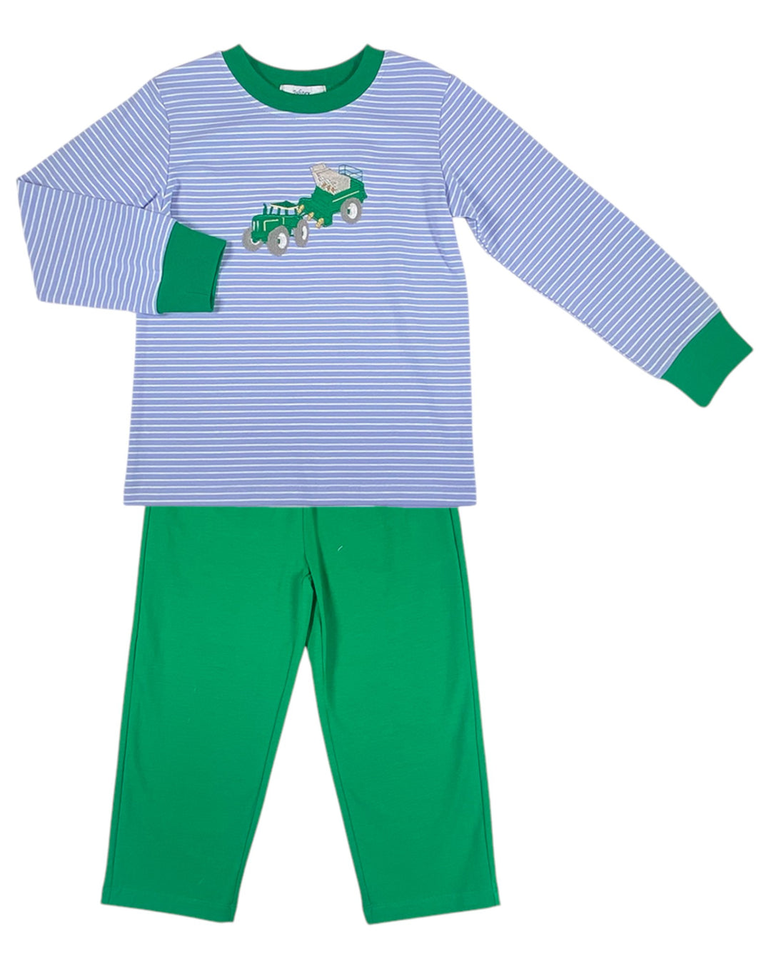 Children's pajama set with blue and green striped top and green pants on a white background
