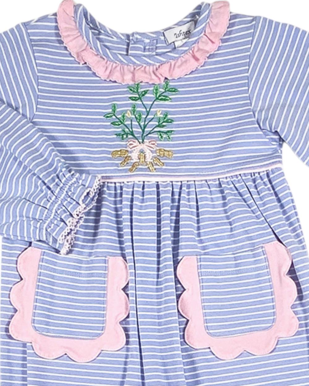 Blue and white striped dress with pink accents and floral embroidery on a plain background