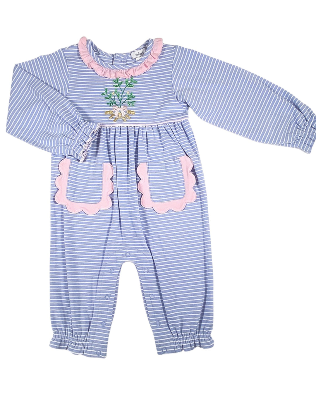 Blue and white striped baby romper with pink accents on a white background
