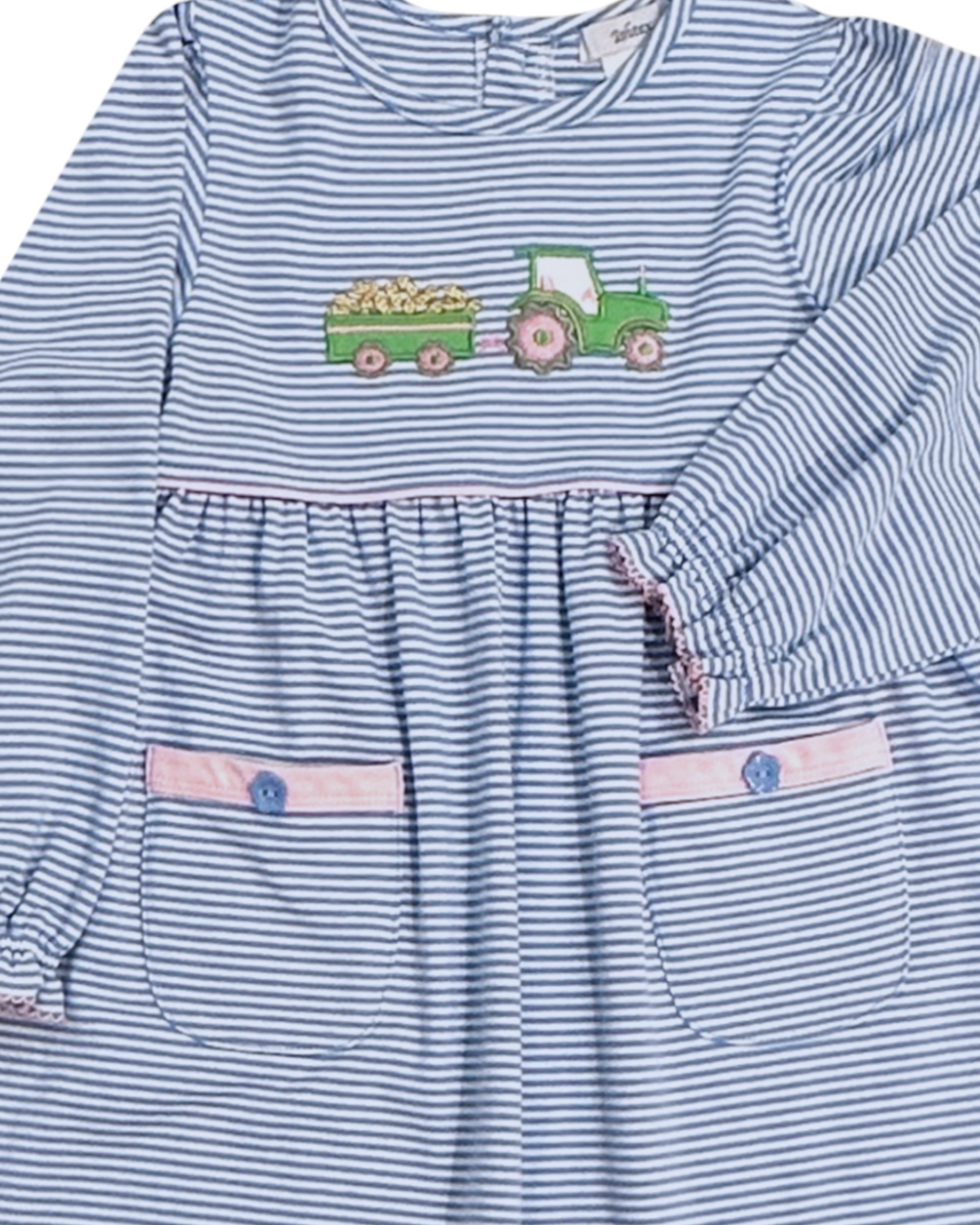 Peanut Applique Blue and Pink Girls Dress, close up