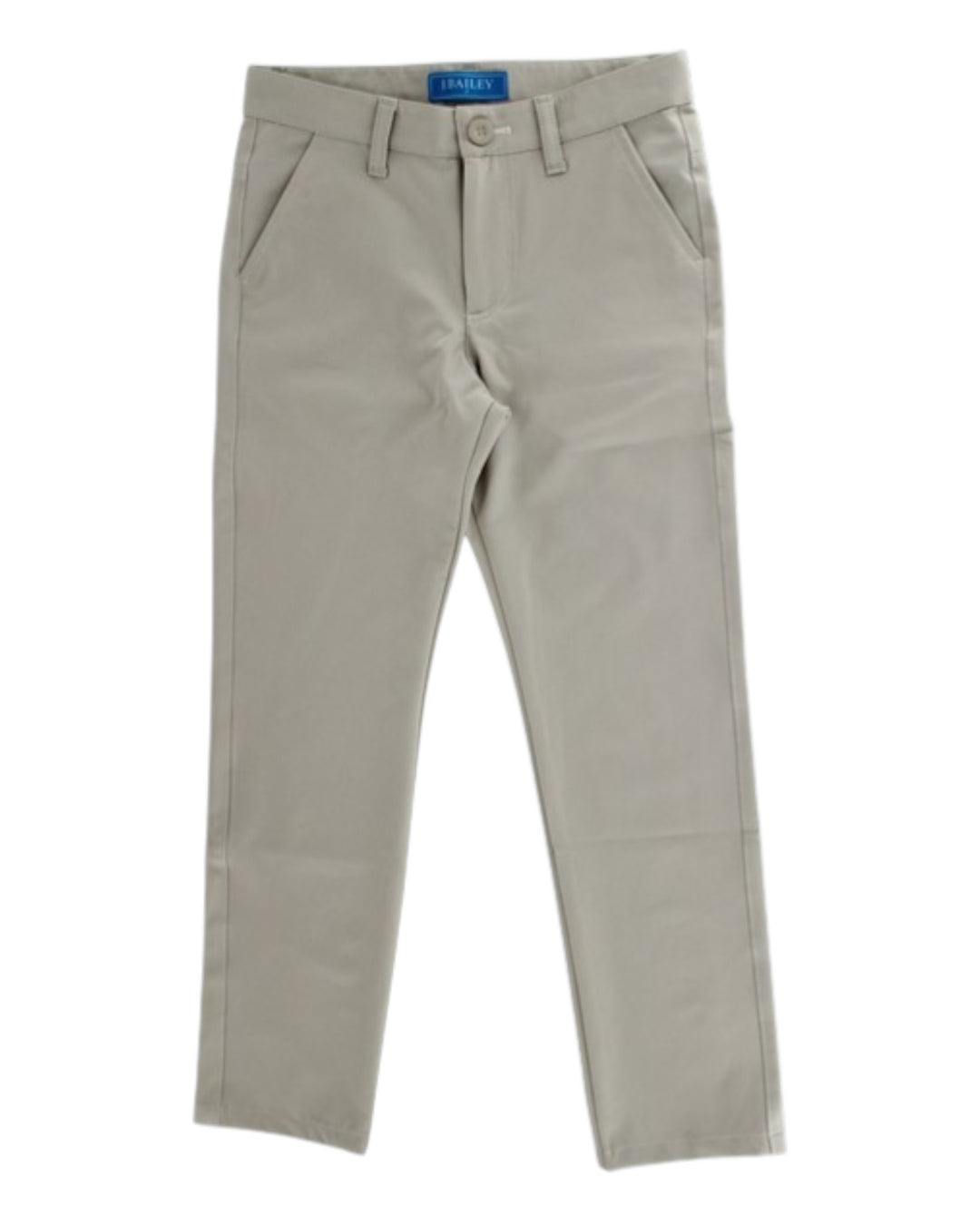 Beige pants with a brand label on a white background