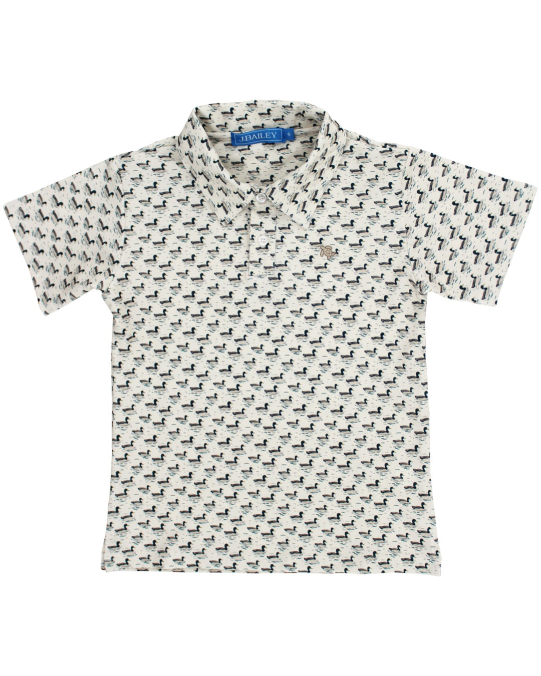 A short-sleeve polo shirt with an all-over repeating black dog print on a white background, featuring a small embroidered polo player logo on the chest, that store