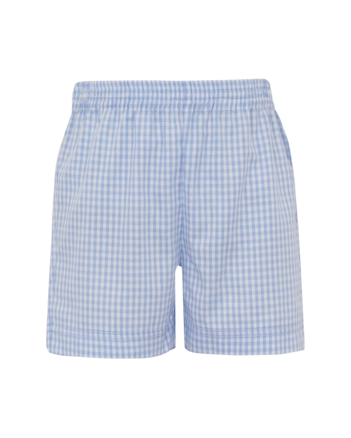 Blue and white checkered shorts on a white background