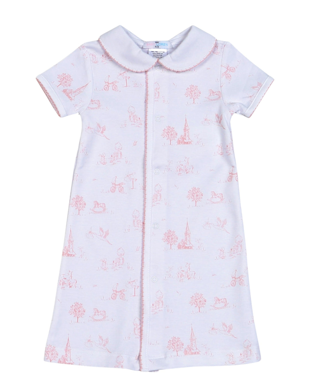 A baby girl's short-sleeve sleep dress in white with a delicate pink toile de Jouy pattern, featuring a Peter Pan collar and a front button closure, that store