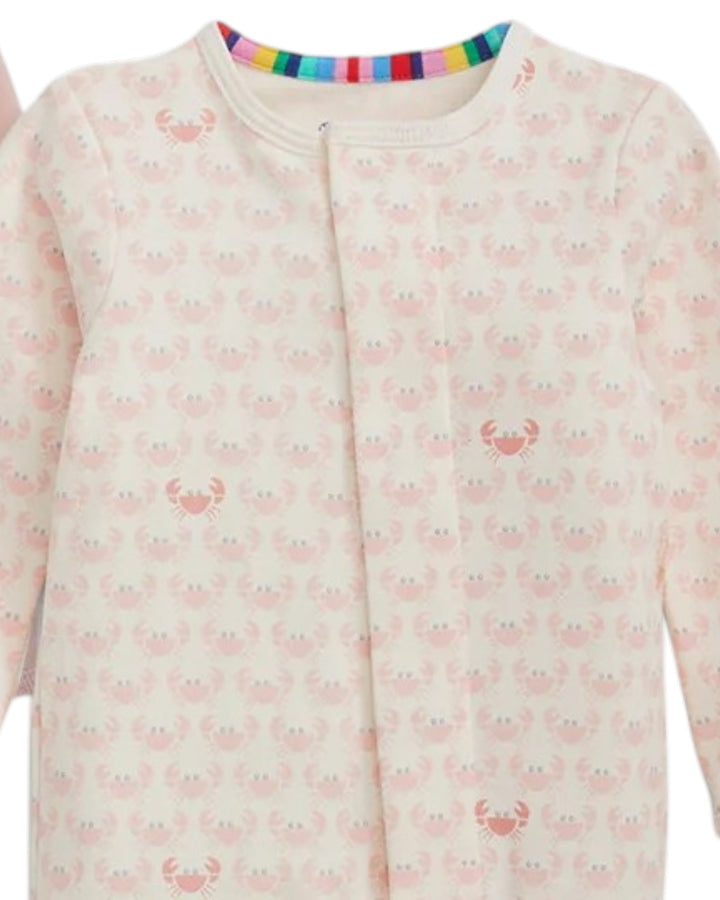 Baby outfit with crab pattern and rainbow trim on a white background