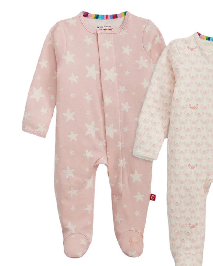Two baby onesies with star patterns on a white background