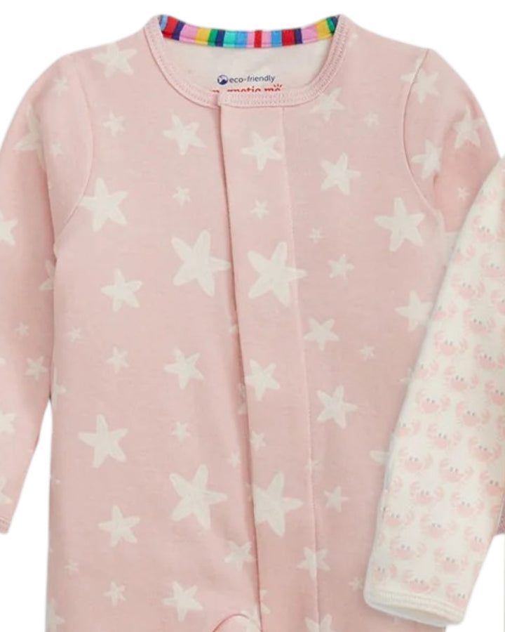 Pink baby onesie with star pattern on a white background