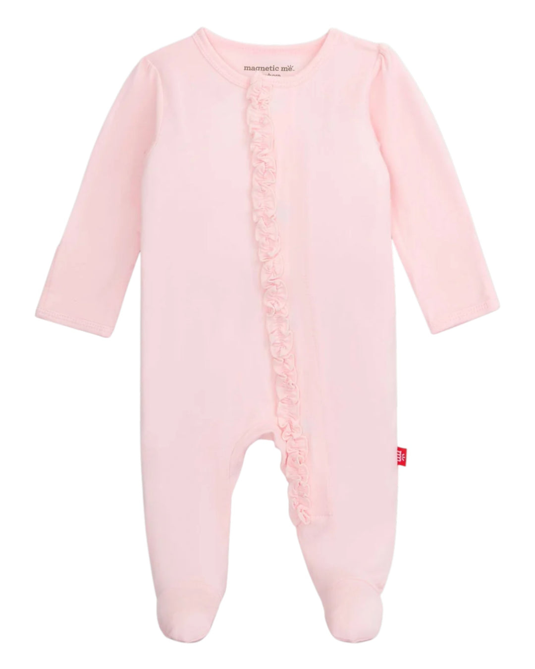 Pink baby onesie with ruffle details on a white background