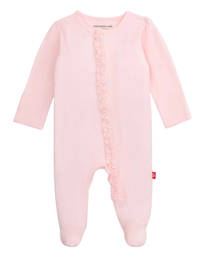 Pink baby onesie with ruffle details on a white background