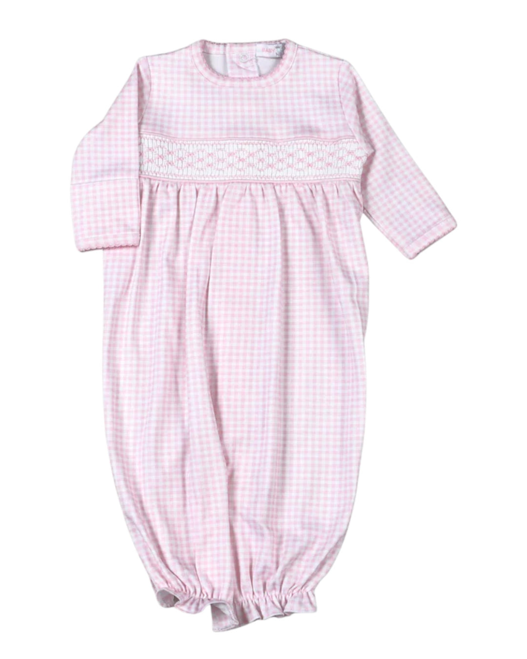 A pink and white gingham baby smocked sleeper with long sleeves and a smocked yoke, shown flat on a white background, that store