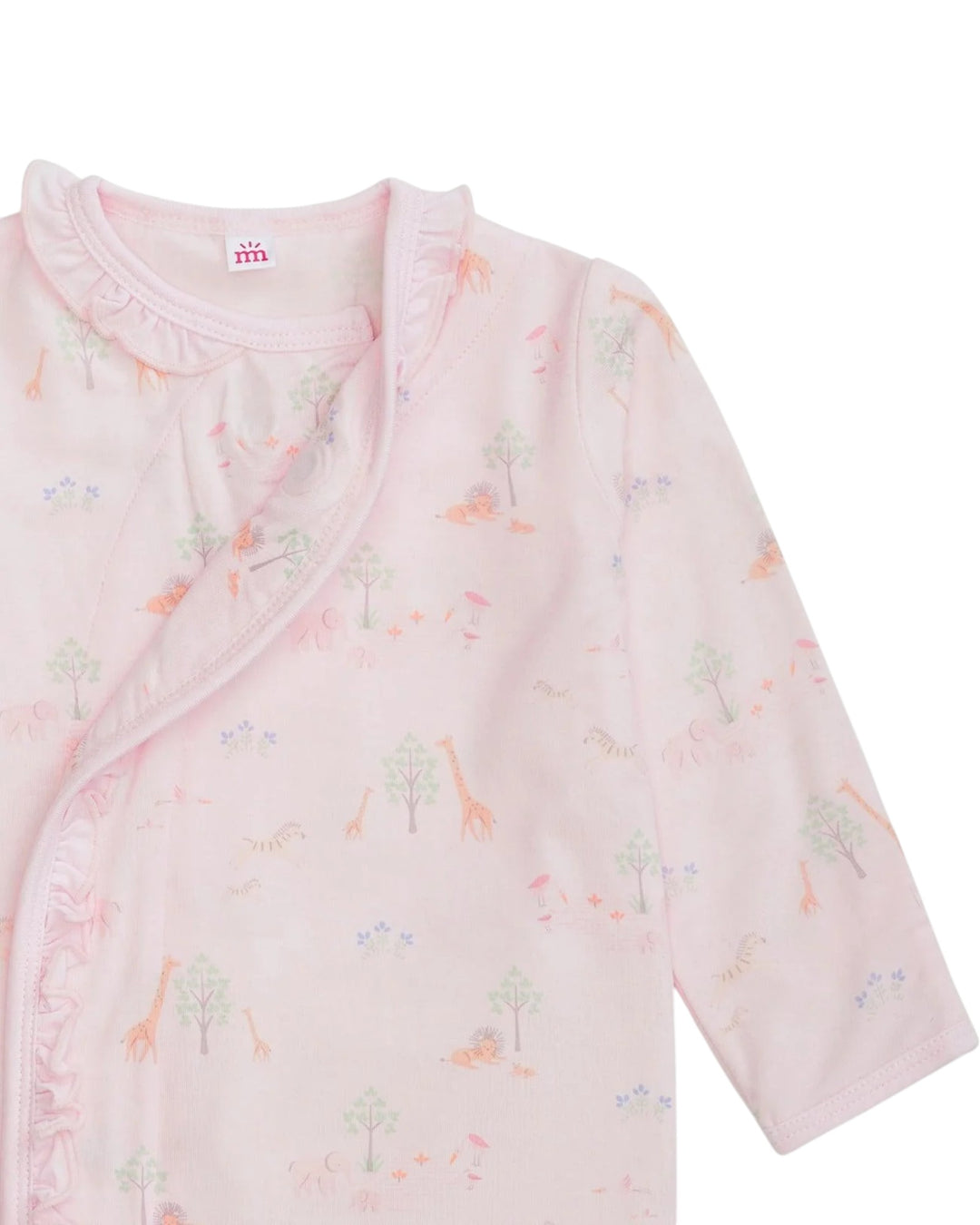 Pink baby outfit with animal print on a white background