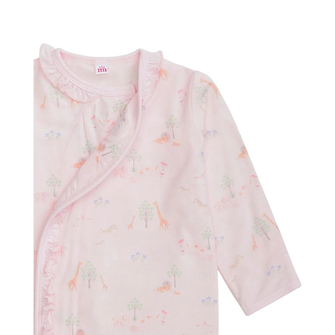 Pink baby outfit with animal print on a white background