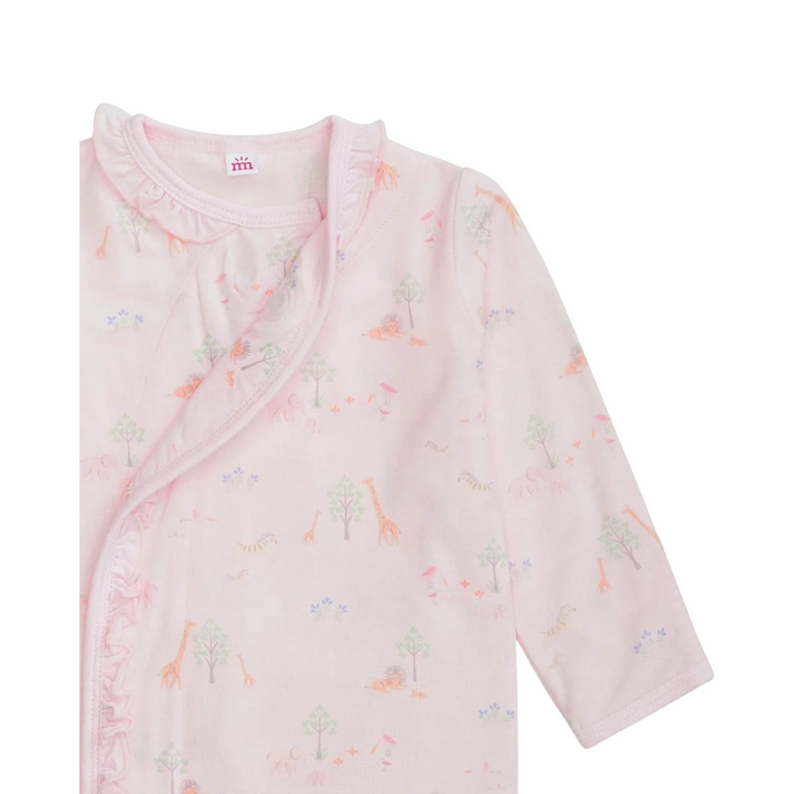 Pink baby outfit with animal print on a white background