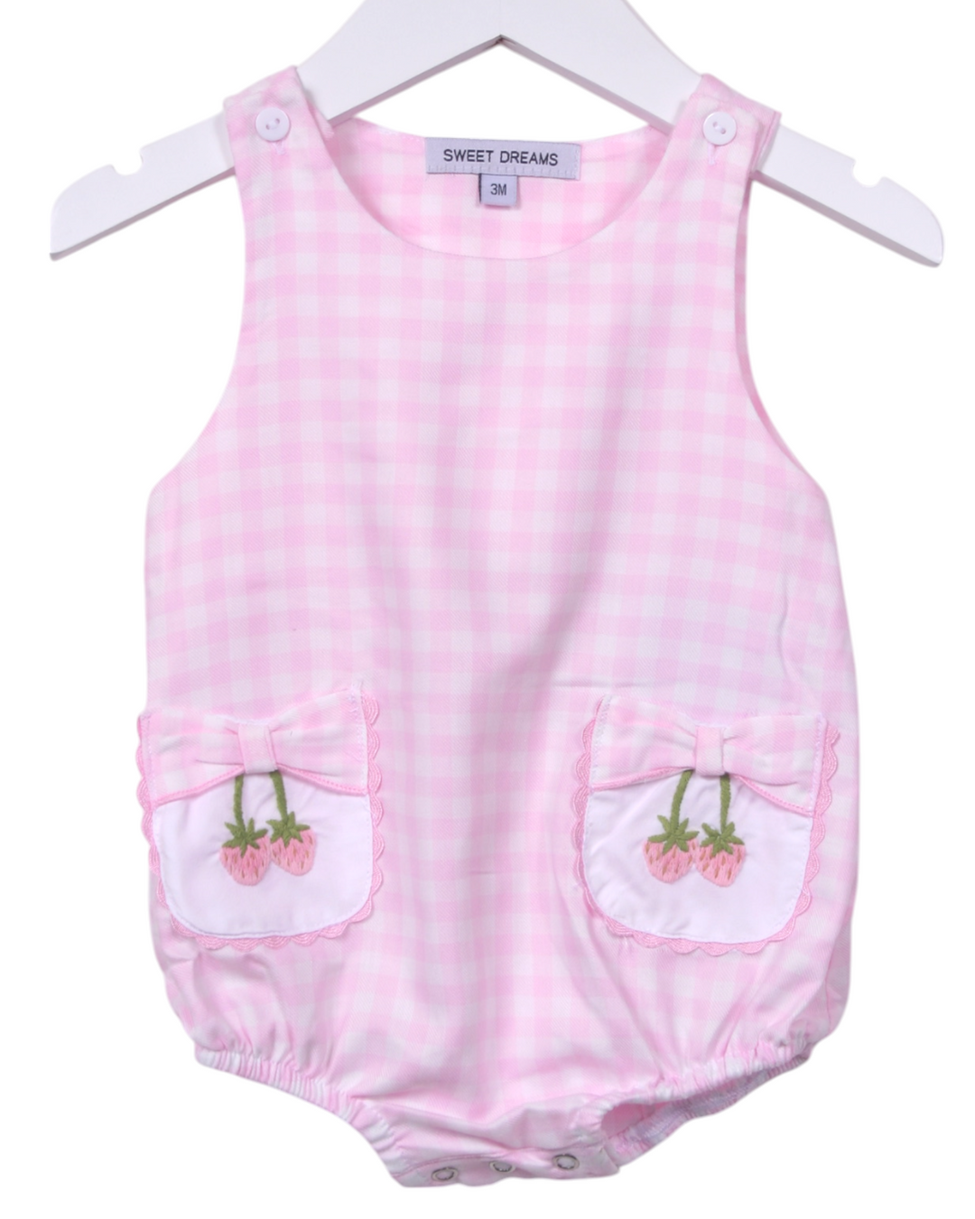 Pink Strawberry Embroidered Bow Pocket Gingham Girls Bubble, That Store, front