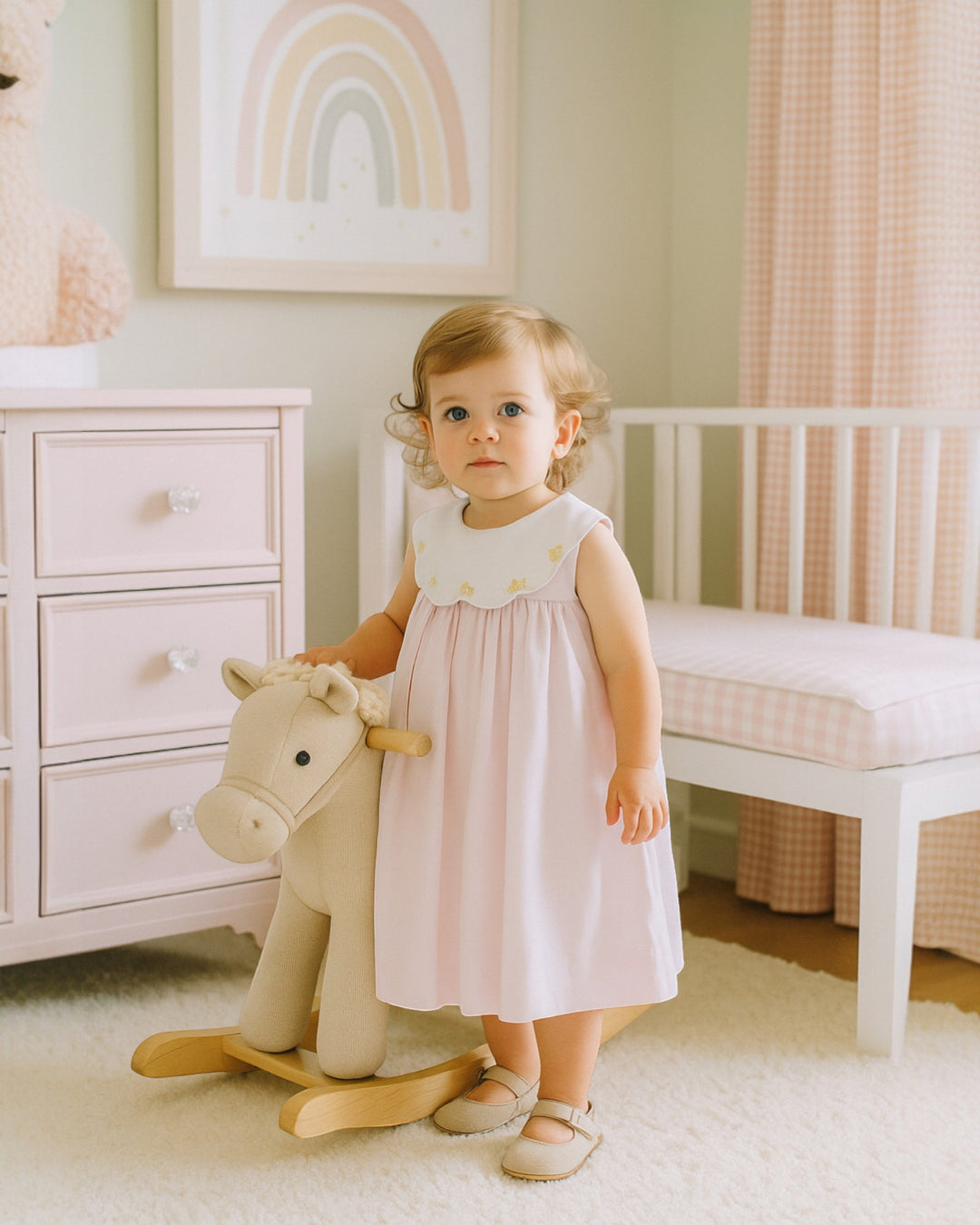 Embroidered Flowers Pink Scallop Dress