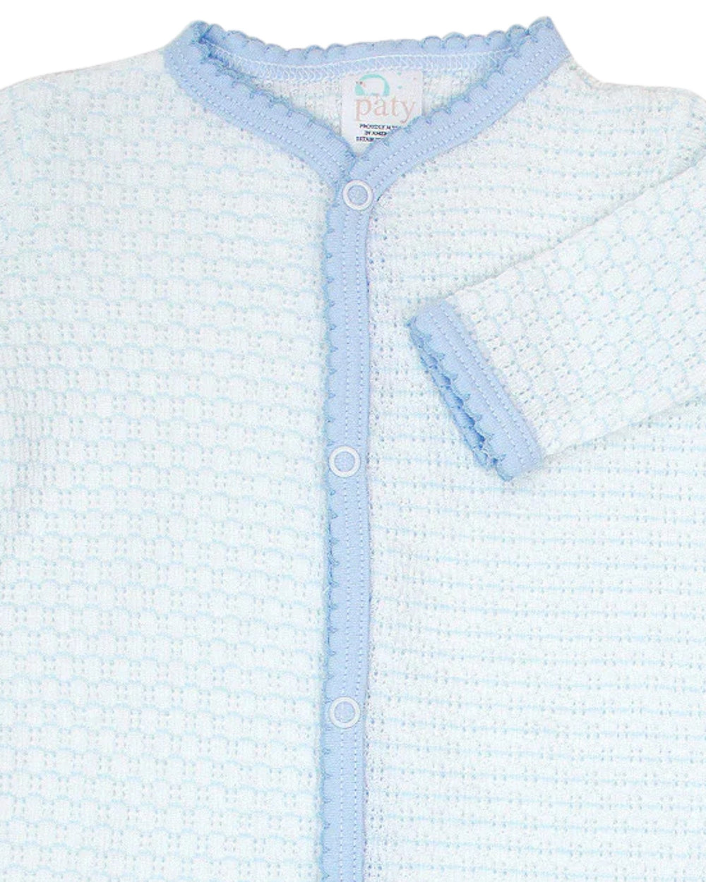 Light blue baby outfit with textured pattern on a white background