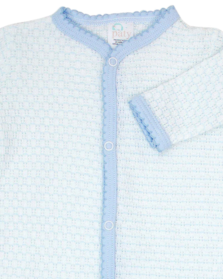 Light blue baby outfit with textured pattern on a white background