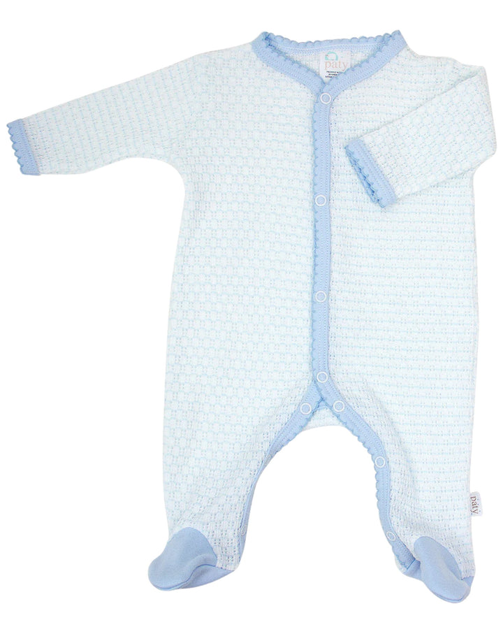 Baby onesie with blue and white pattern on a white background