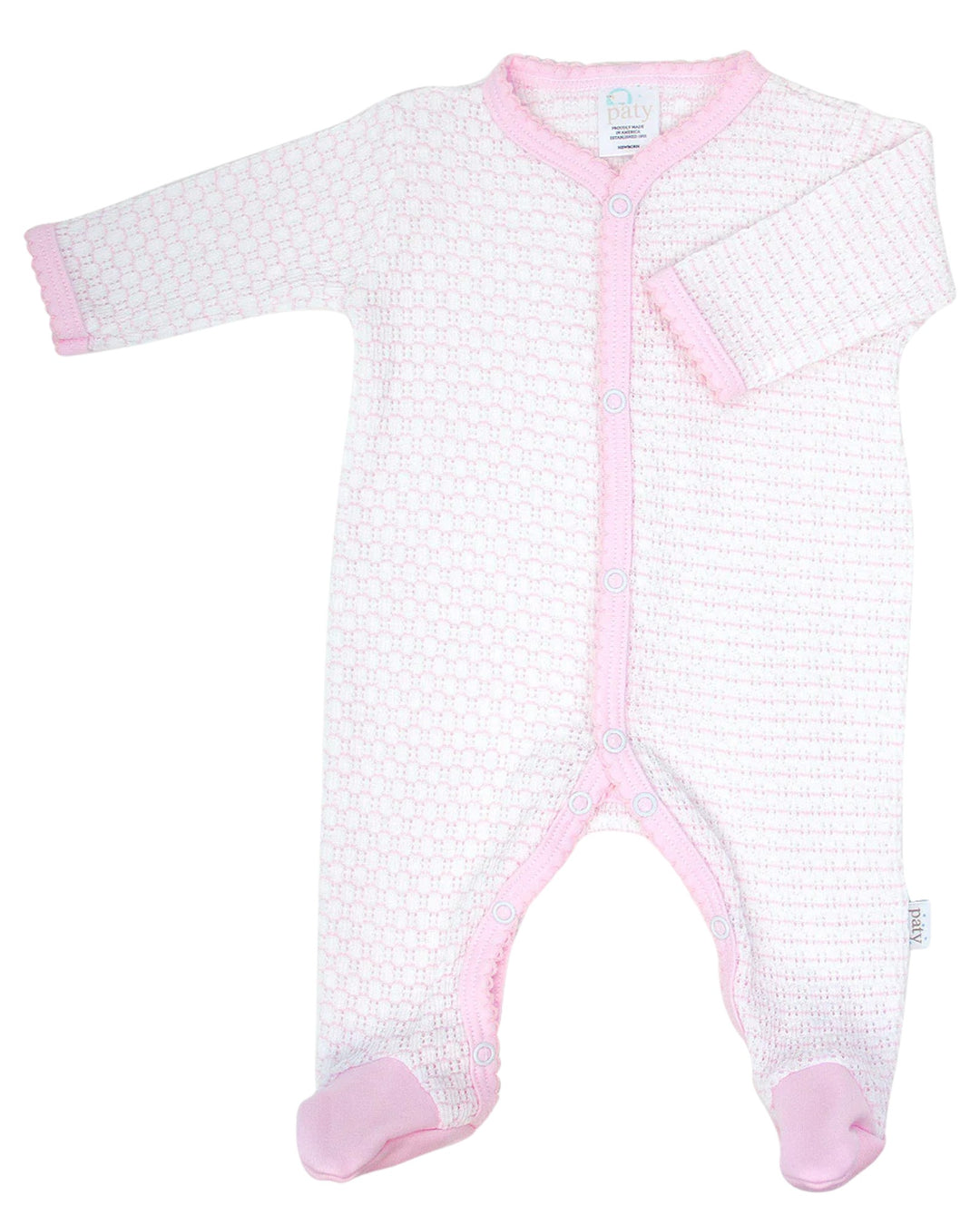 Baby onesie with pink accents on a white background