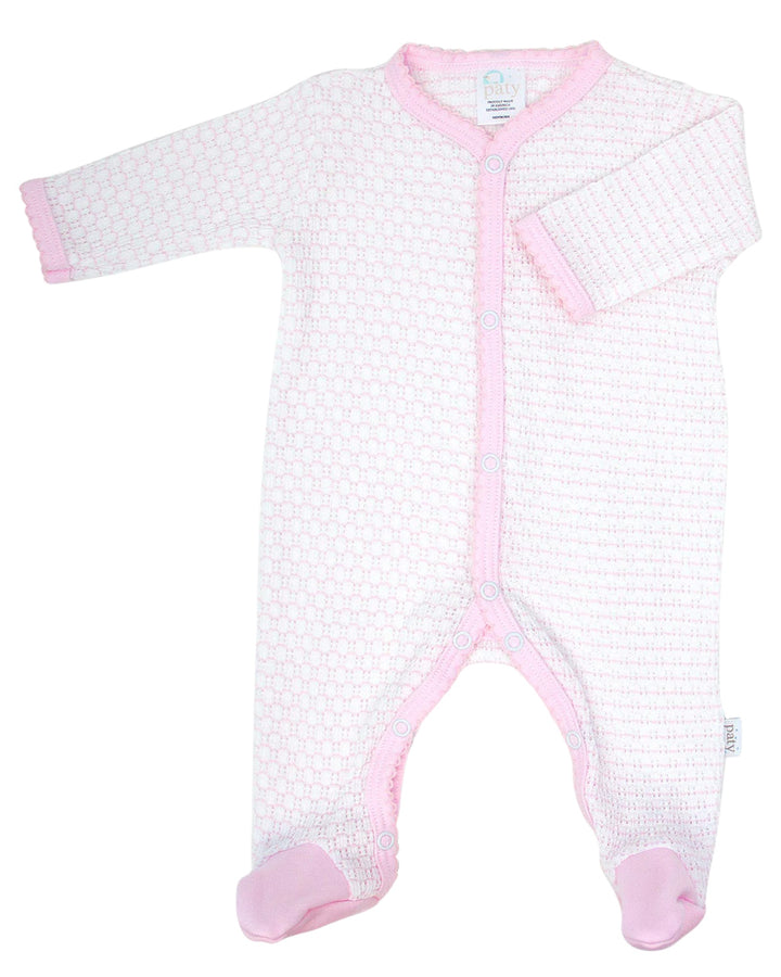 Baby onesie with pink accents on a white background