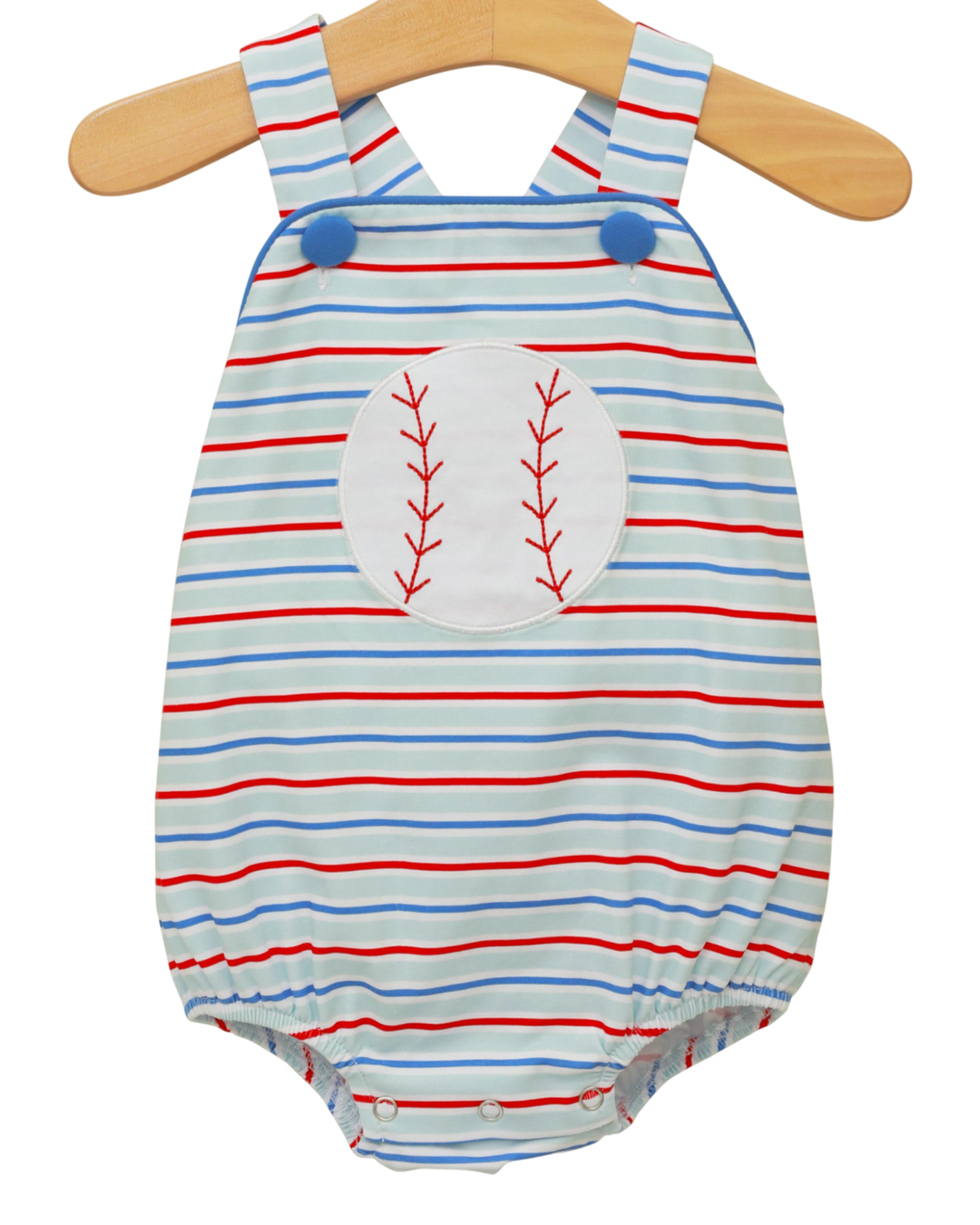 Striped baby romper with baseball design on a hanger