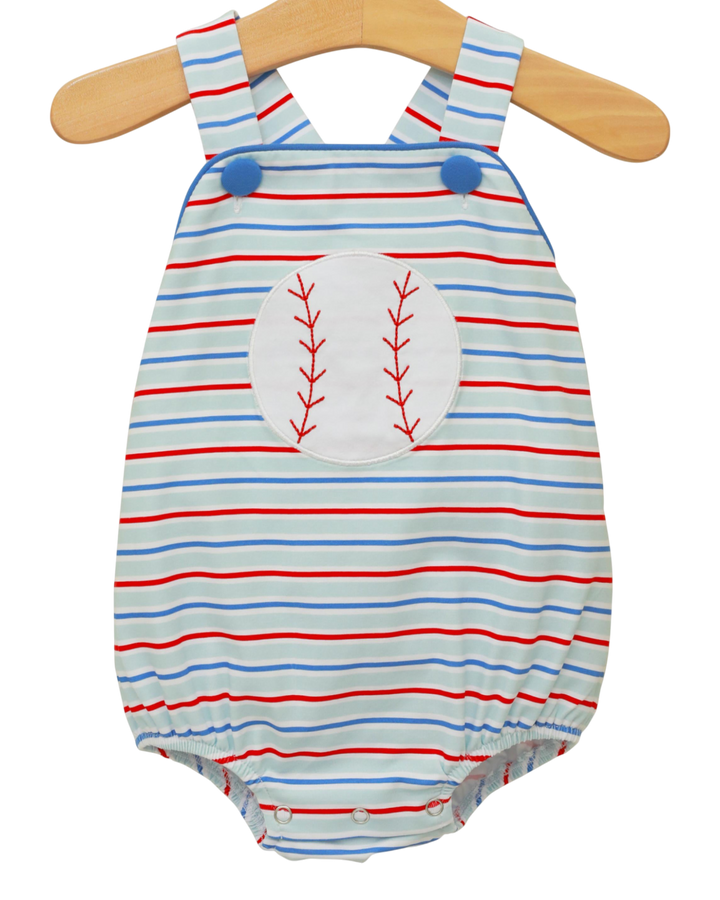 Striped baby romper with baseball design on a hanger