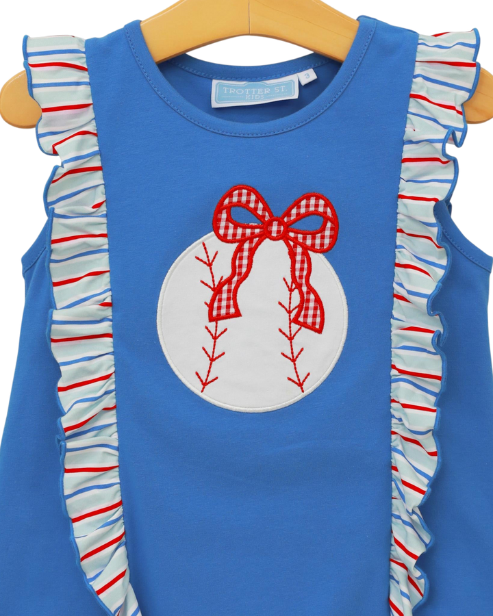 Blue sleeveless top with ruffled trim and a bow design on a hanger.