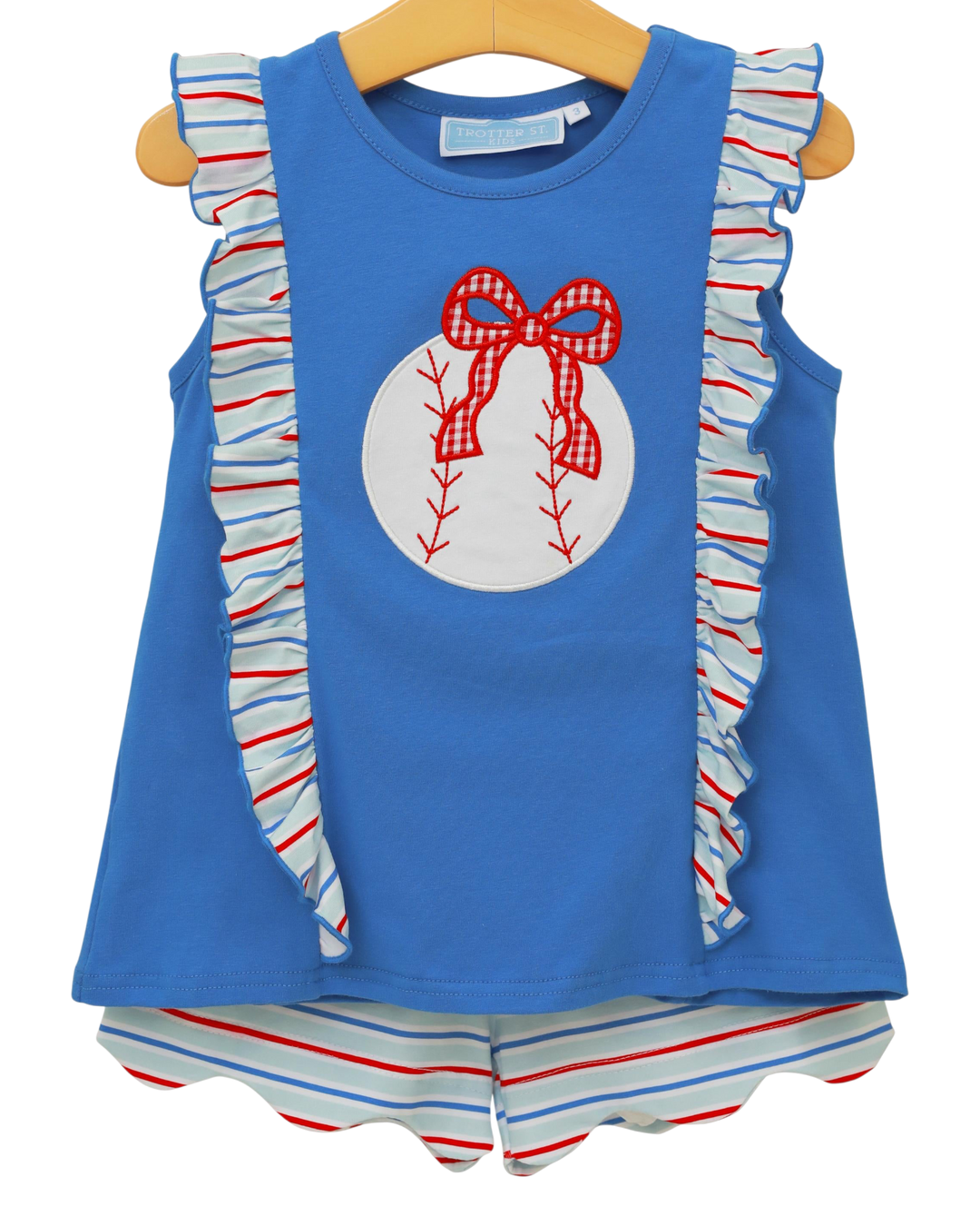 Blue sleeveless top with ruffles and a baseball design, paired with striped shorts on a hanger.