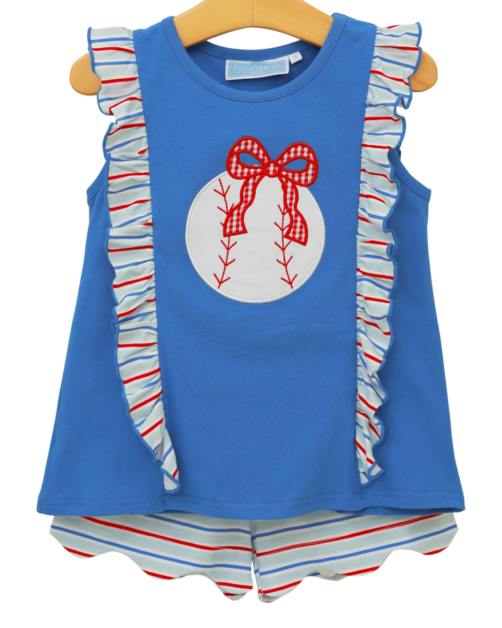Blue sleeveless top with ruffles and a baseball design, paired with striped shorts on a hanger.