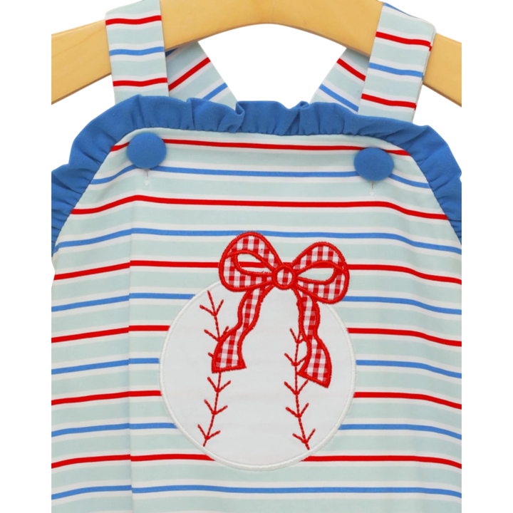 Striped baby romper with a bow design on a hanger