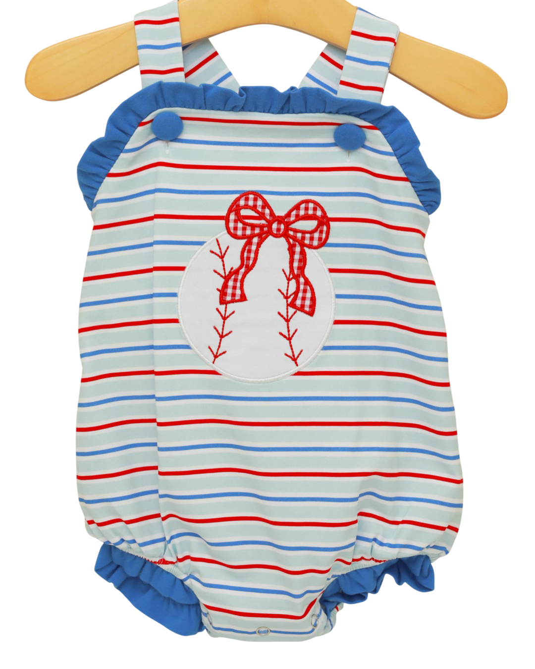 Striped baby romper with bow design on a hanger