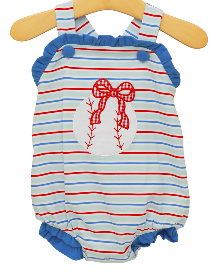 Striped baby romper with bow design on a hanger