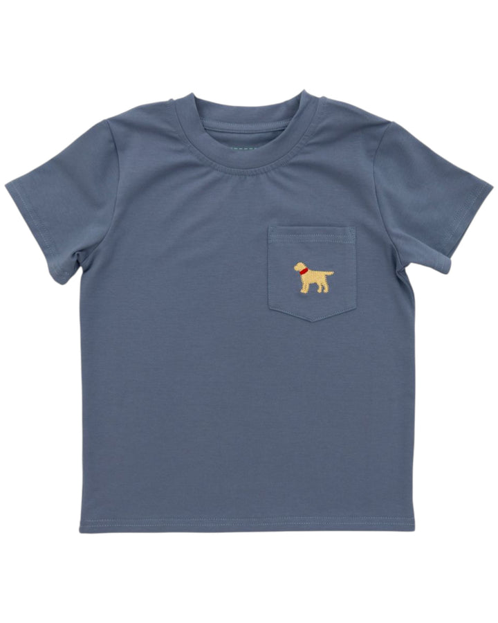 Blue t-shirt with a yellow dog graphic on a white background