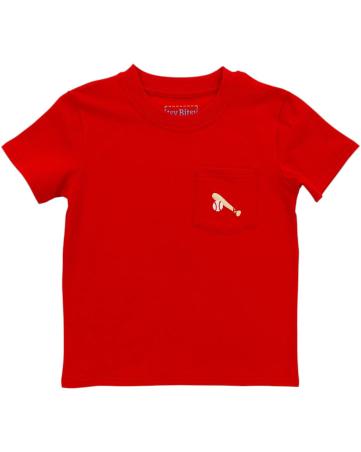 Red t-shirt with a small white logo on a white background