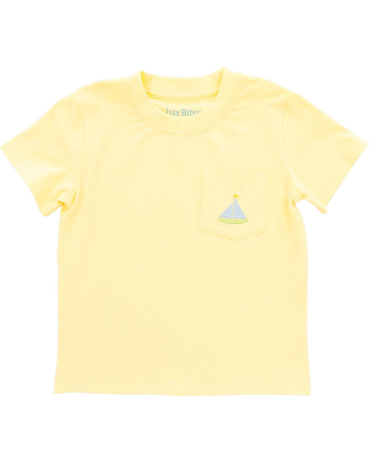 Yellow t-shirt with a small logo on a white background