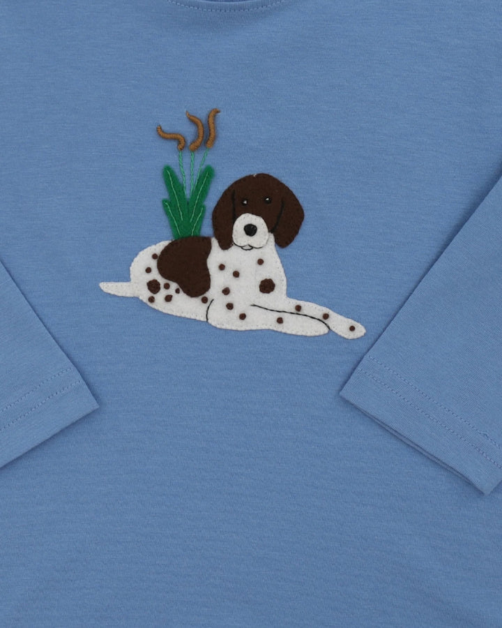 dog applique on a blue long sleeve tee, that store