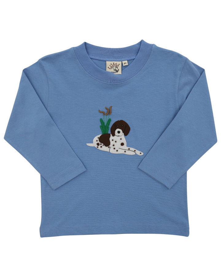 dog applique on a long sleeve blue tee, that store