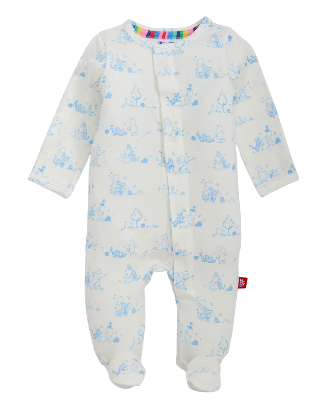 Baby onesie with blue animal pattern on a white background