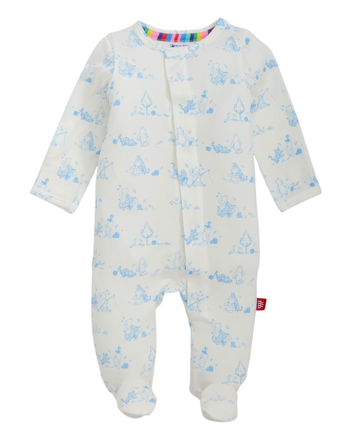 Baby onesie with blue animal pattern on a white background