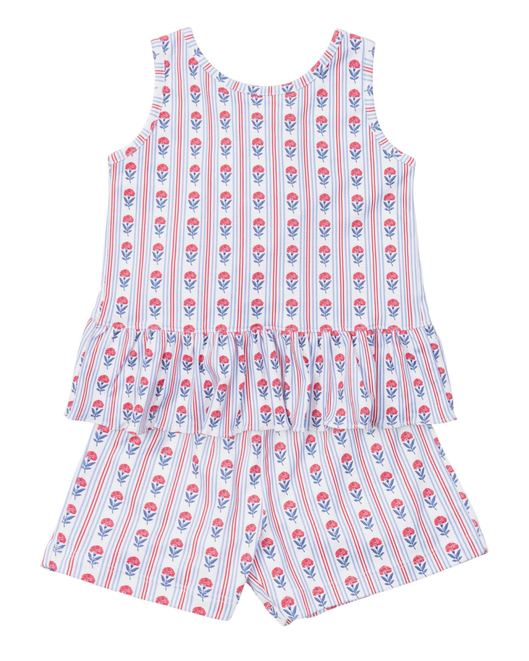 Children's sleeveless top and shorts set with floral and striped pattern on a white background