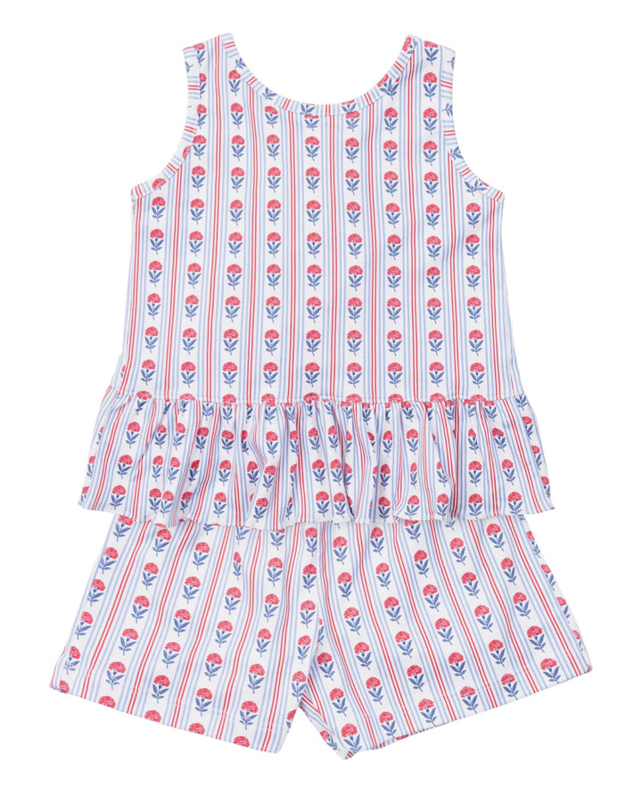 Children's sleeveless top and shorts set with floral and striped pattern on a white background
