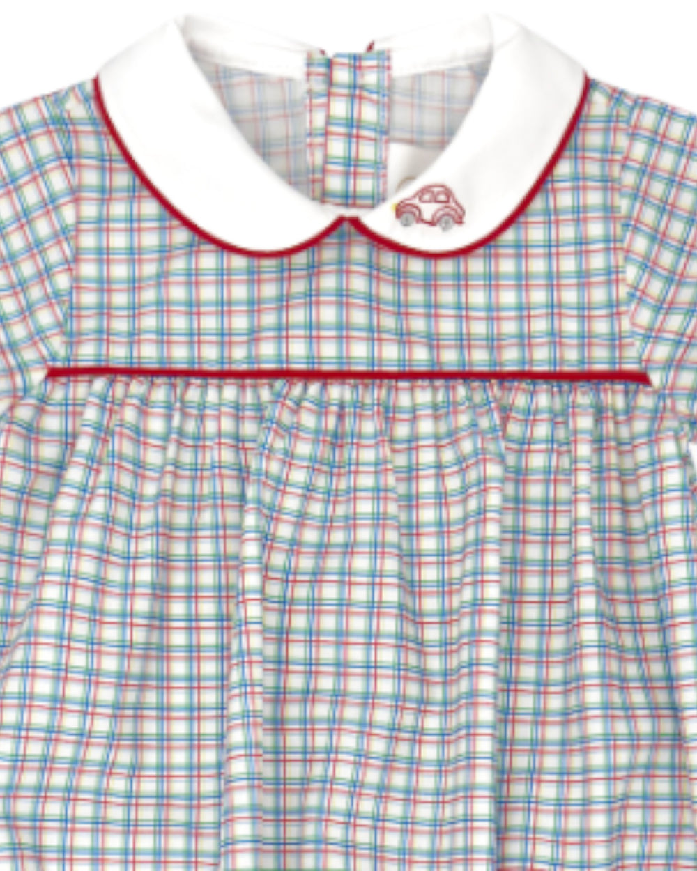 Plaid dress with a white collar and red trim on a white background