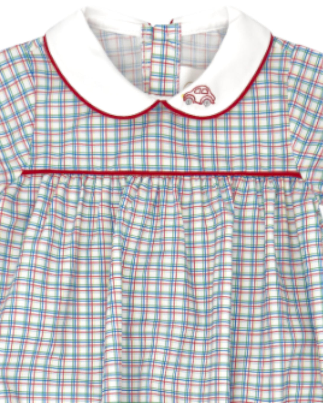 Plaid dress with a white collar and red trim on a white background