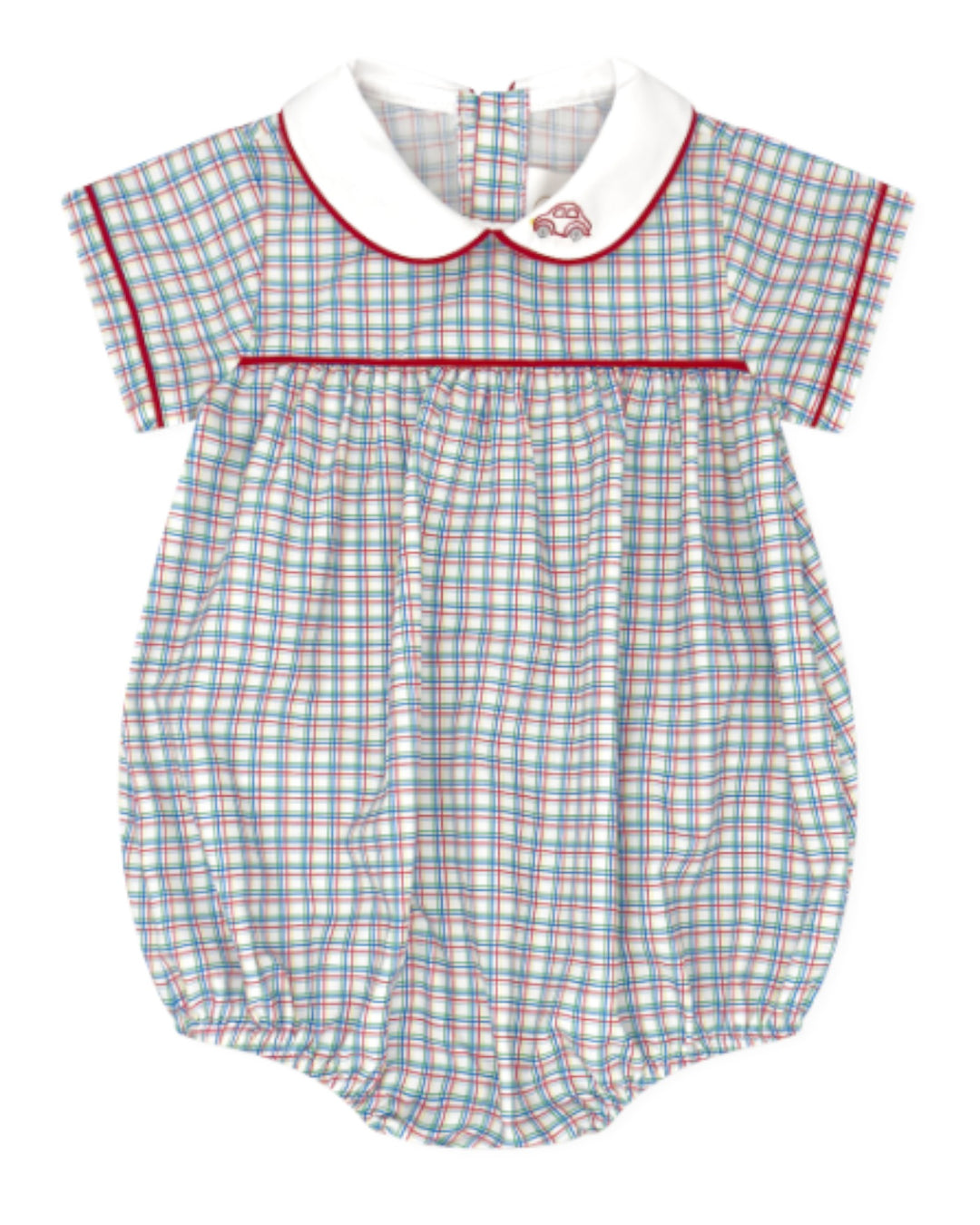 Plaid baby romper with a collar on a white background